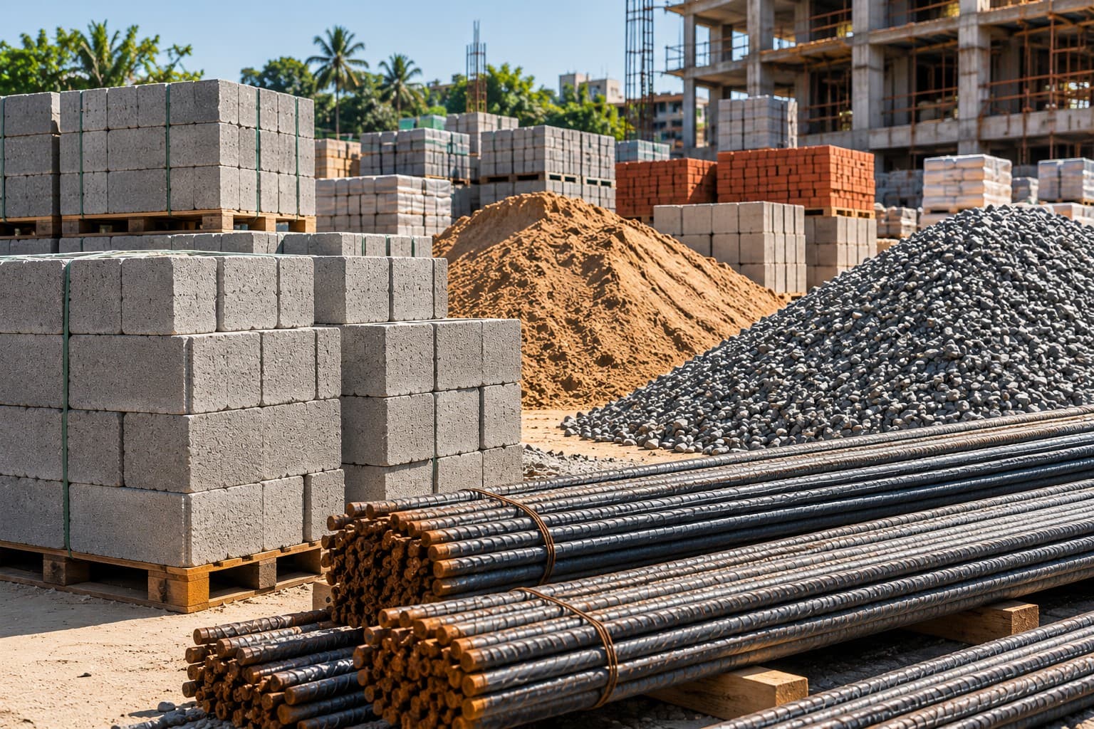 Construction material yard with concrete blocks, aggregate, sand and reinforcement steel