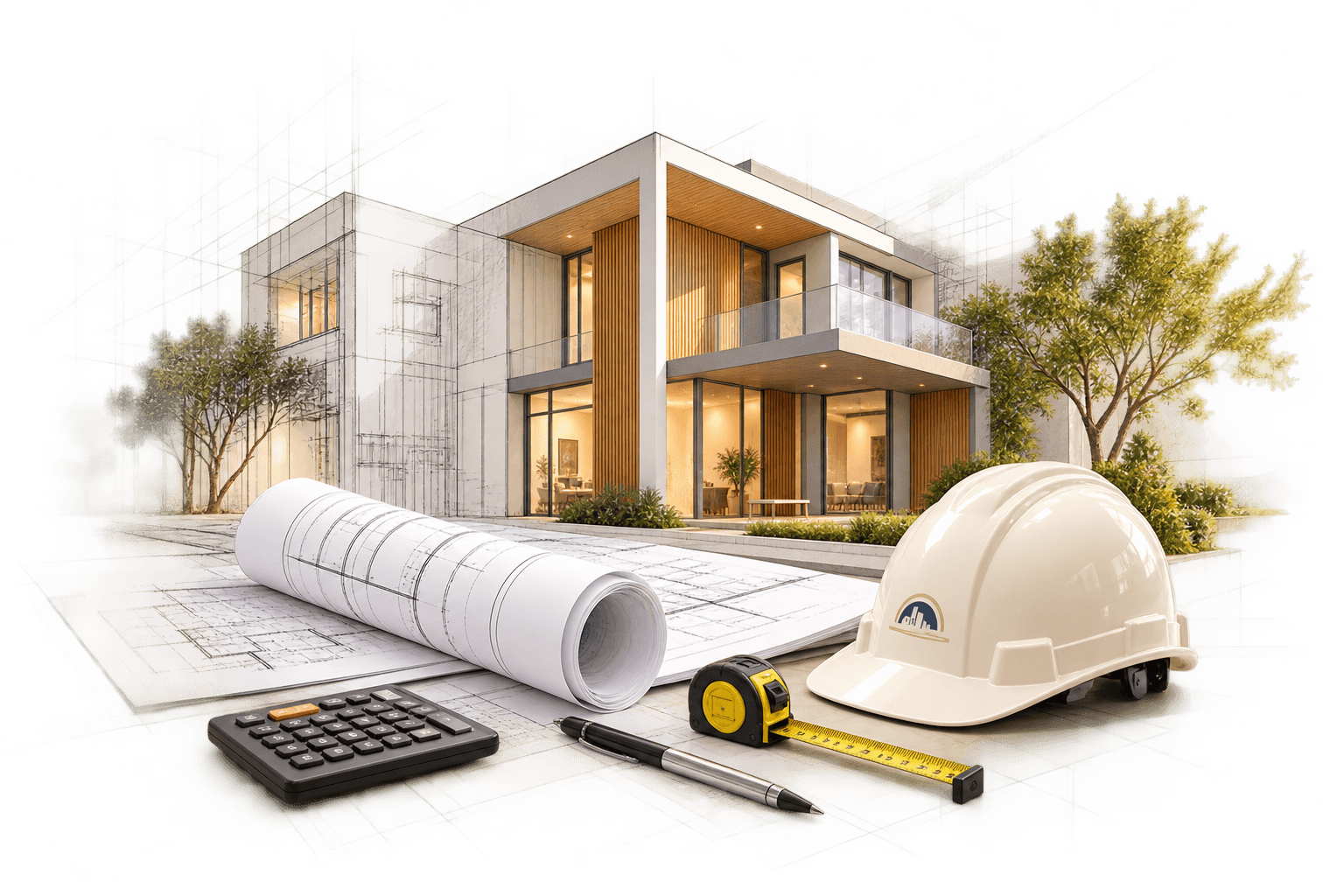 Architectural illustration of a modern house with plans, estimating tools and a Golden Key hard hat