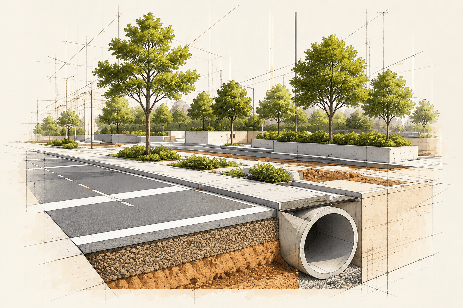 Architectural illustration of a road, landscaping and underground drainage infrastructure