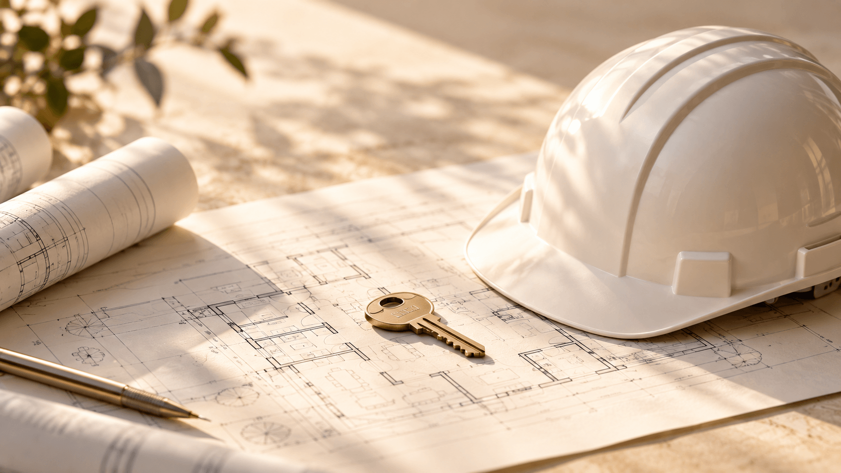 Construction helmet, architectural plans and key representing single project accountability