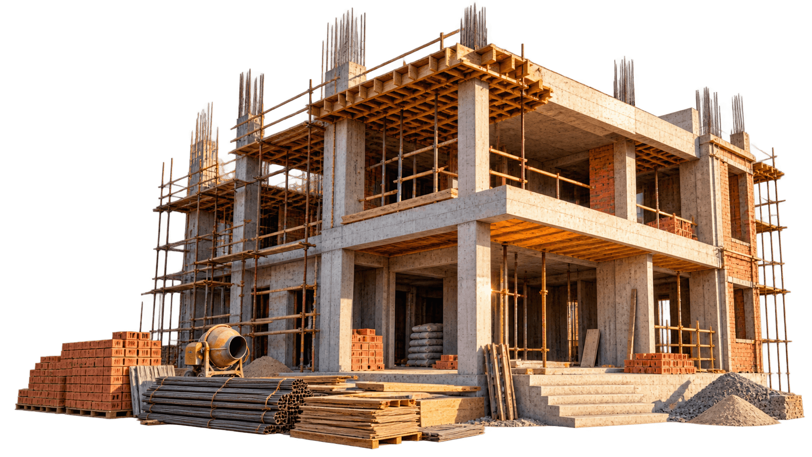 Residential building under construction with scaffolding, formwork and reinforcement