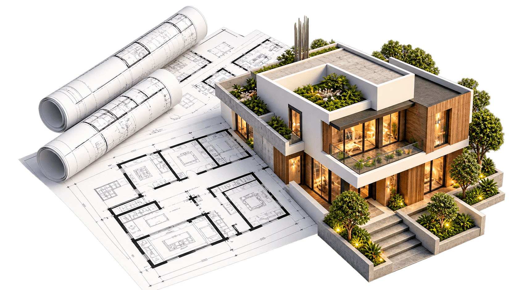 Architectural floor plan transitioning into a dimensional 3D house design